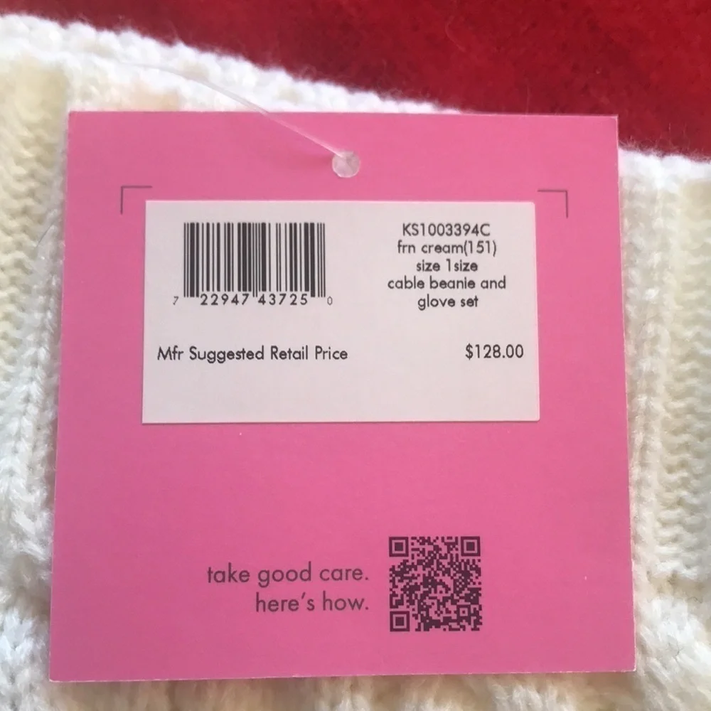 Brand New Kate Spade Cable Beanie Hat & Gloves Set Cream